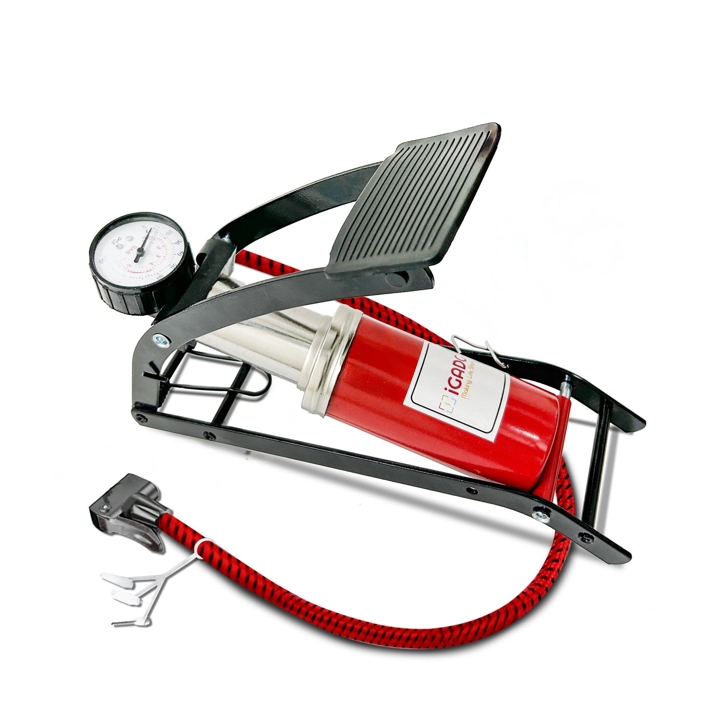 iGADG A1 Single Barrel Steel Foot Pump For Inflating Tyres, Balloons, Air beds