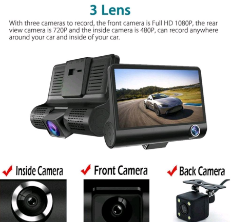 DriveGuard Pro: 3-Lens Car Dash Camera - Full HD 1080P, Smart DVR, Reversing Video Recorder