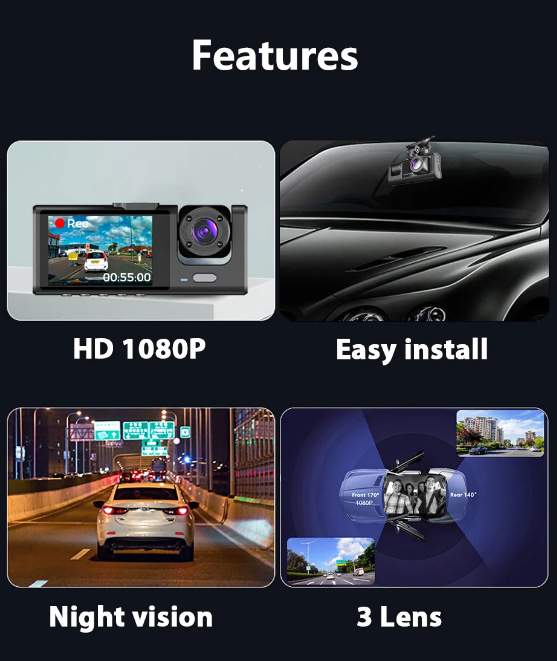 WiFi DashDrive - 1080P Triple Lens Vehicle Video Recorder