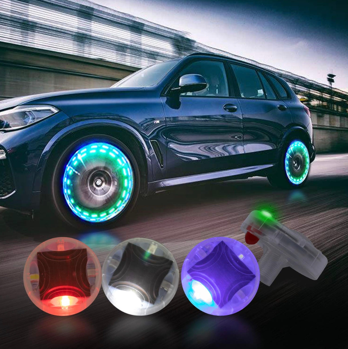 Solar LED Tire Wheel Valve Cap Lights – Motion Sensor, Waterproof, Colorful Flashing for Car, Bike, Motorcycle