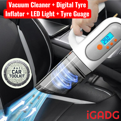 iGADG 4 in 1 Car Toolkit -  Portable Handheld Car Vacuum Cleaner with Tyre Inflator LED Light & Pressure Guage