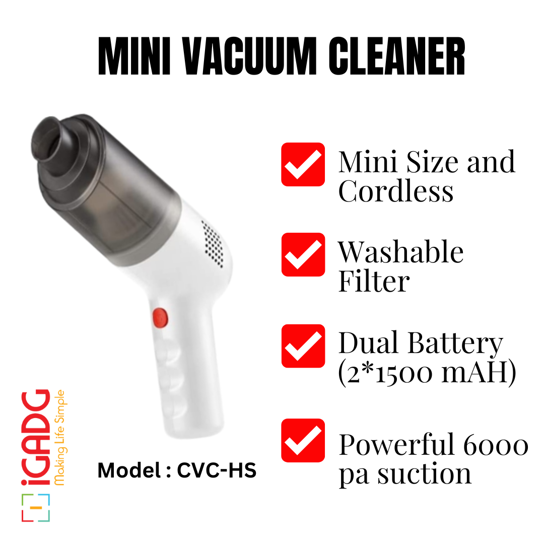 iGADG CVC-HS Handheld Car Vacuum Cleaner |Dual Battery | USB Rechargeable | 6000pa