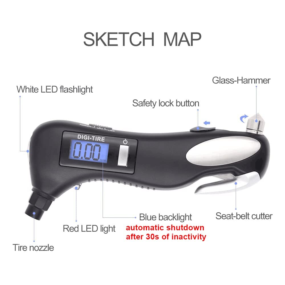 iGADG 5 In 1 Car Tyre Pressure Guage with Emergency Hammer