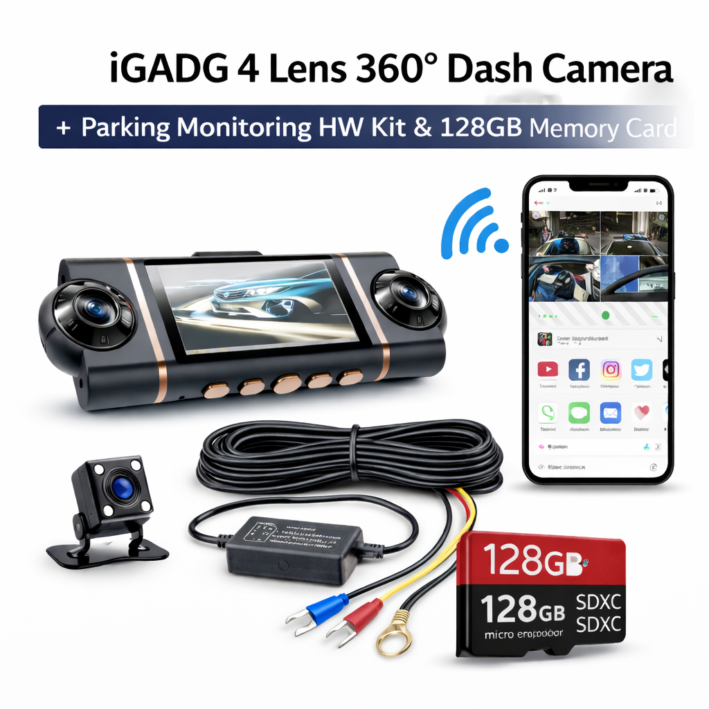 4 Lens 360° Car Dash Camera with Parking Monitoring Kit || 128GB SD Card Free