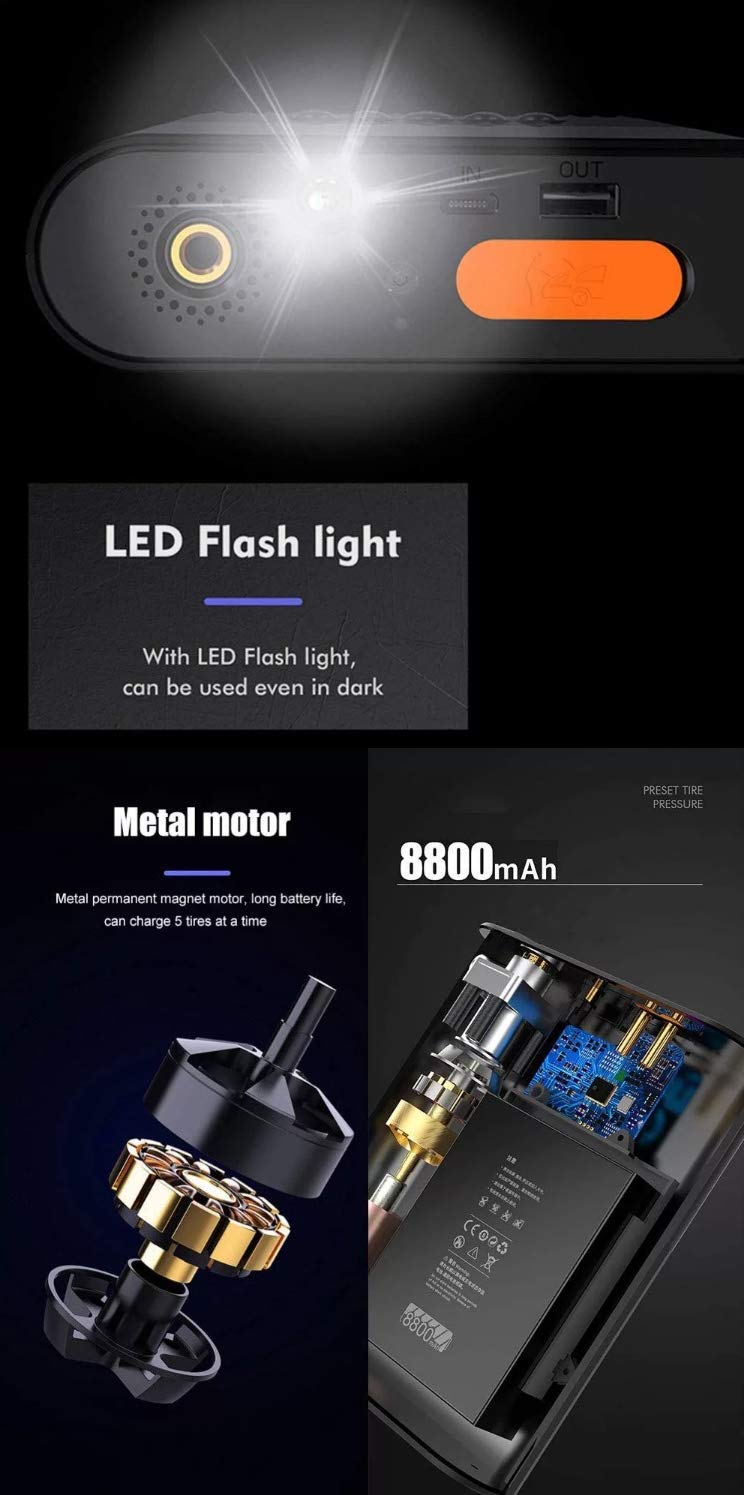 4 in 1 Car Gadget - Wireless Tyre Inflator with Jump Starter, 8000 mAH Power bank and LED Light