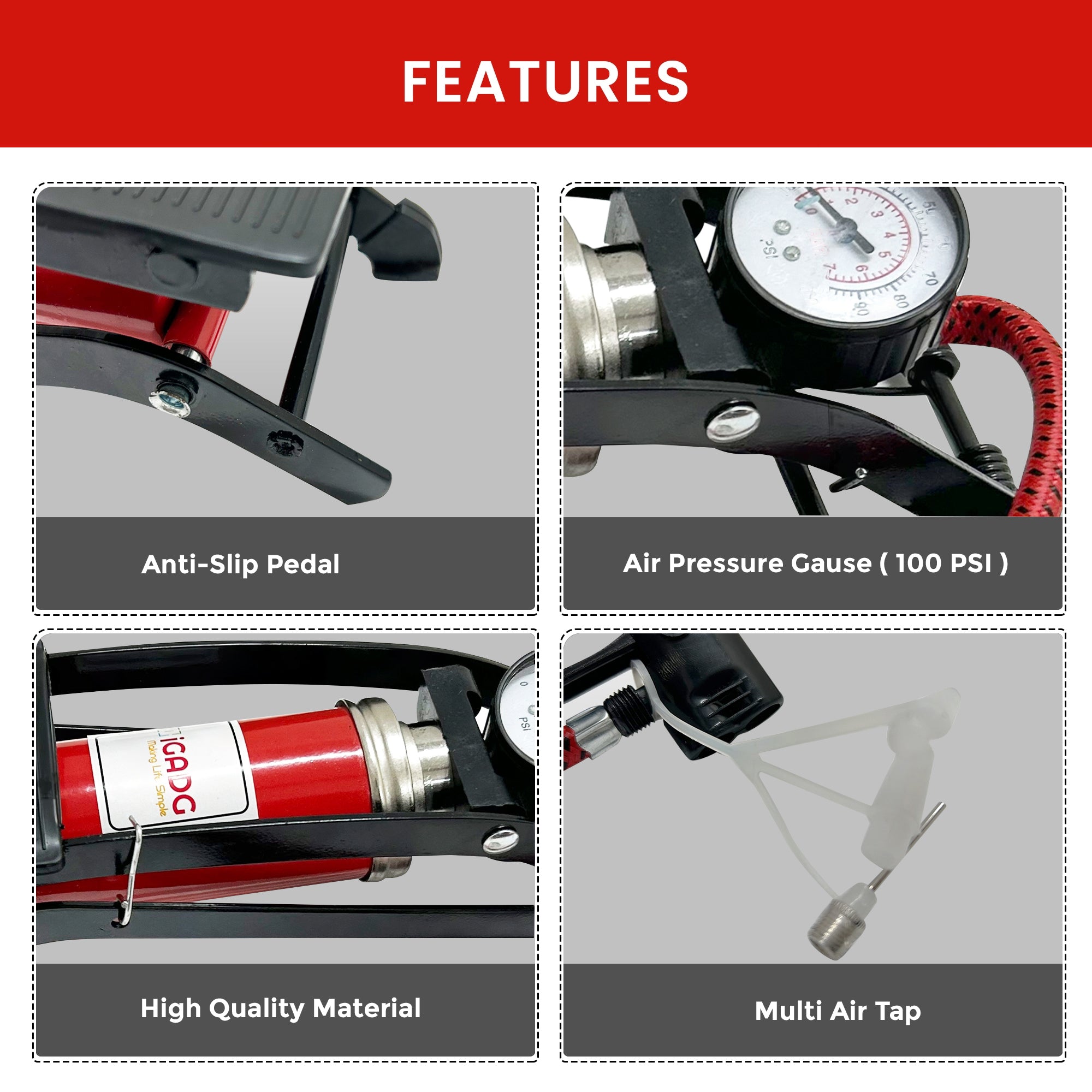iGADG A1 Single Barrel Steel Foot Pump For Inflating Tyres, Balloons, Air beds