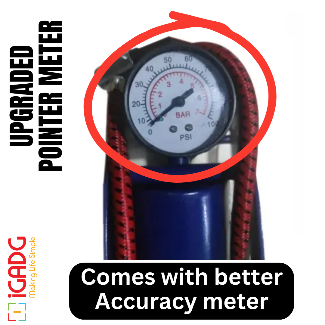 iGADG Single Barrel Foot Pump For Inflating Tyres, Balloons, Air beds