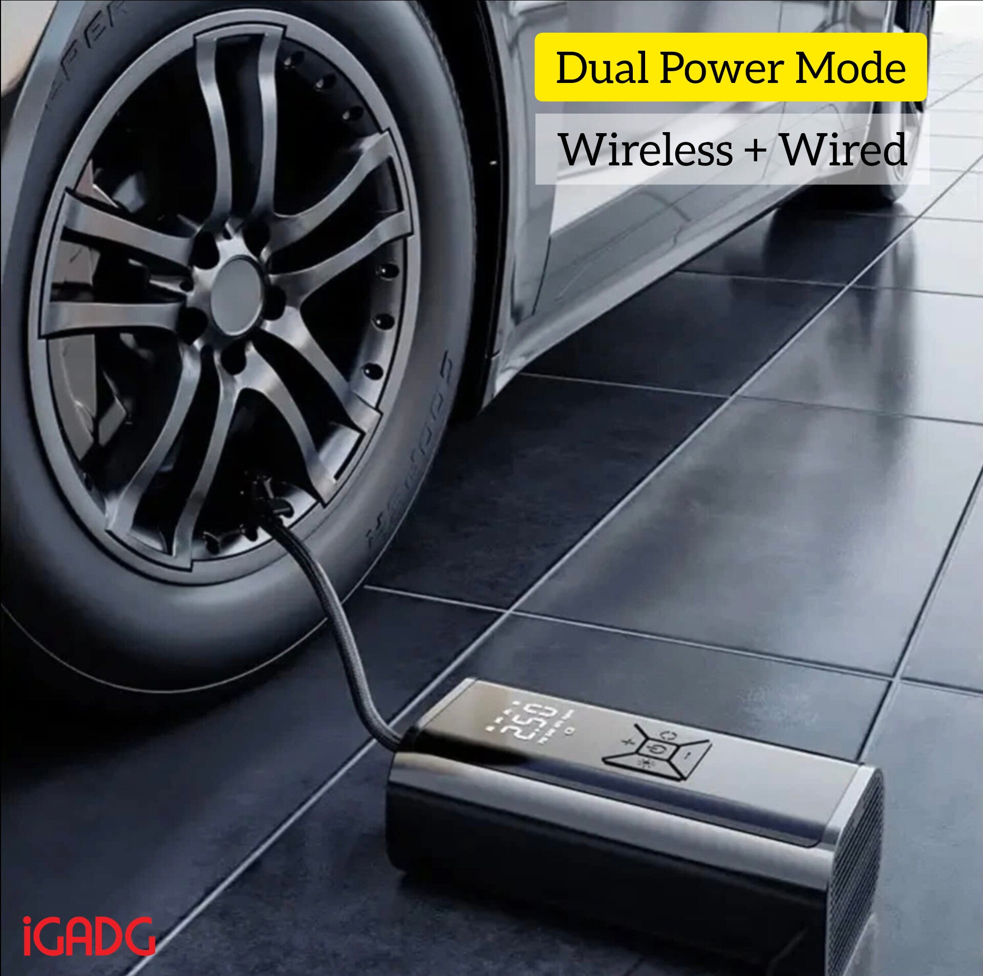 iGADG Dual Power Wired & Wireless Mini Tyre Inflator | Car & Bike with Auto-Shut | Works on 12v & Battery | Comes with EVA hard case