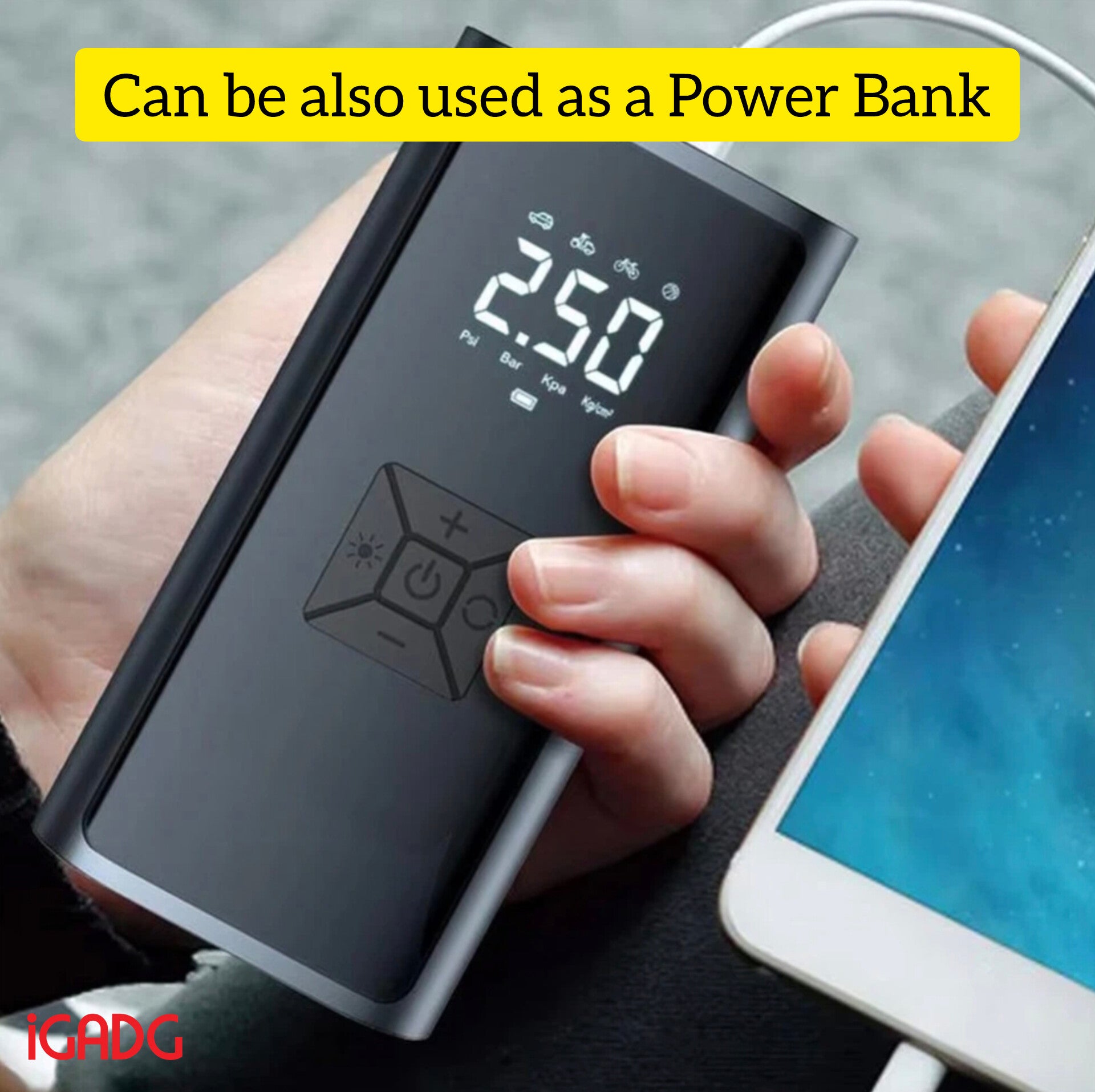 iGADG Dual Power Wired & Wireless Mini Tyre Inflator | Car & Bike with Auto-Shut | Works on 12v & Battery | Comes with EVA hard case