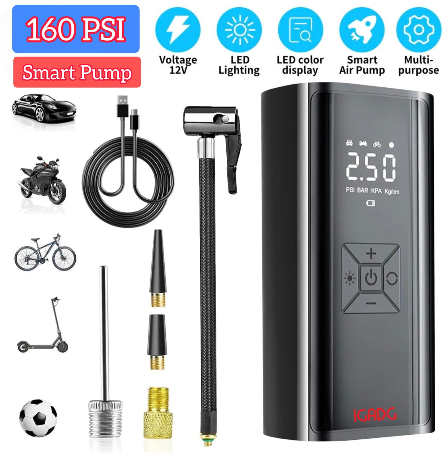 iGADG Dual Power Wired & Wireless Mini Tyre Inflator | Car & Bike with Auto-Shut | Works on 12v & Battery | Comes with EVA hard case