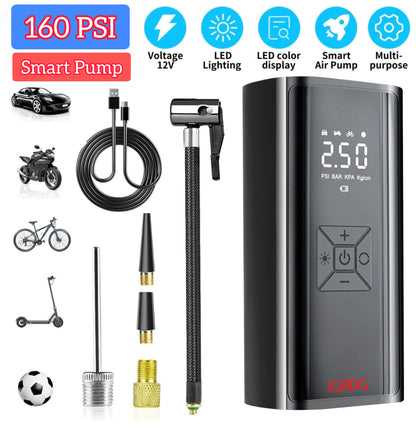 iGADG Dual Power Wired & Wireless Mini Tyre Inflator | Car & Bike with Auto-Shut | Works on 12v & Battery | Comes with EVA hard case