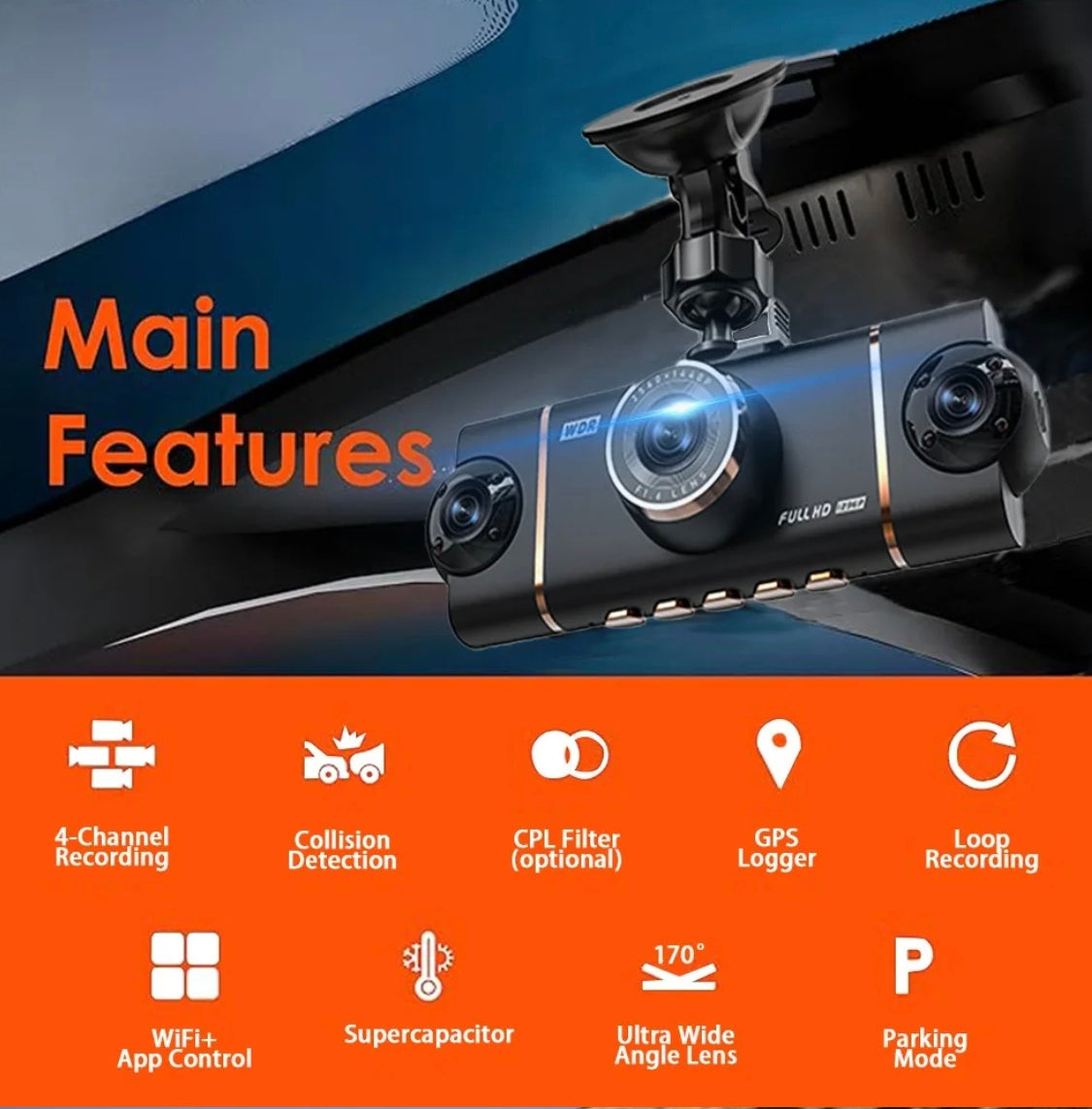 4 Lens 360° Car Dash Camera with Parking Monitoring Kit || 128GB SD Card Free