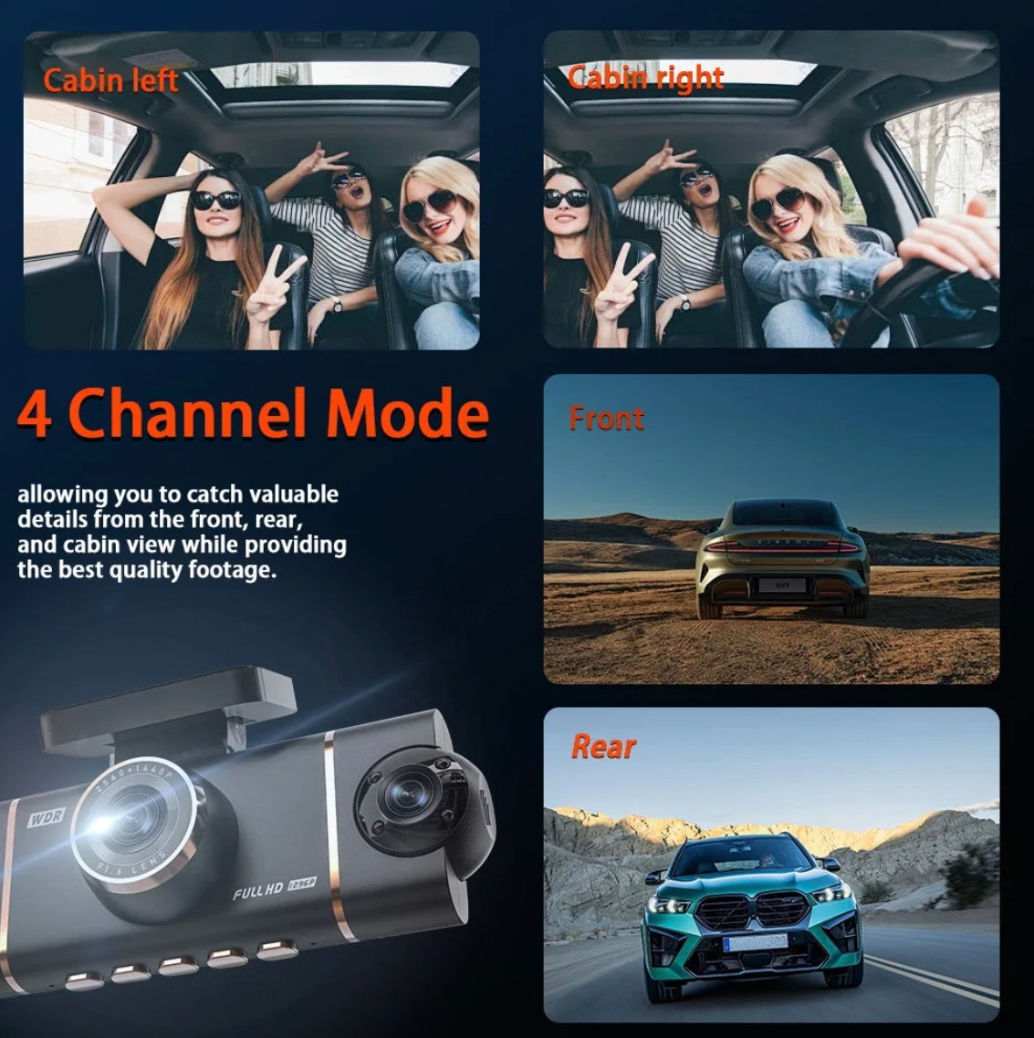 4 Lens 360° Car Dash Camera with Parking Monitoring Kit || 128GB SD Card Free