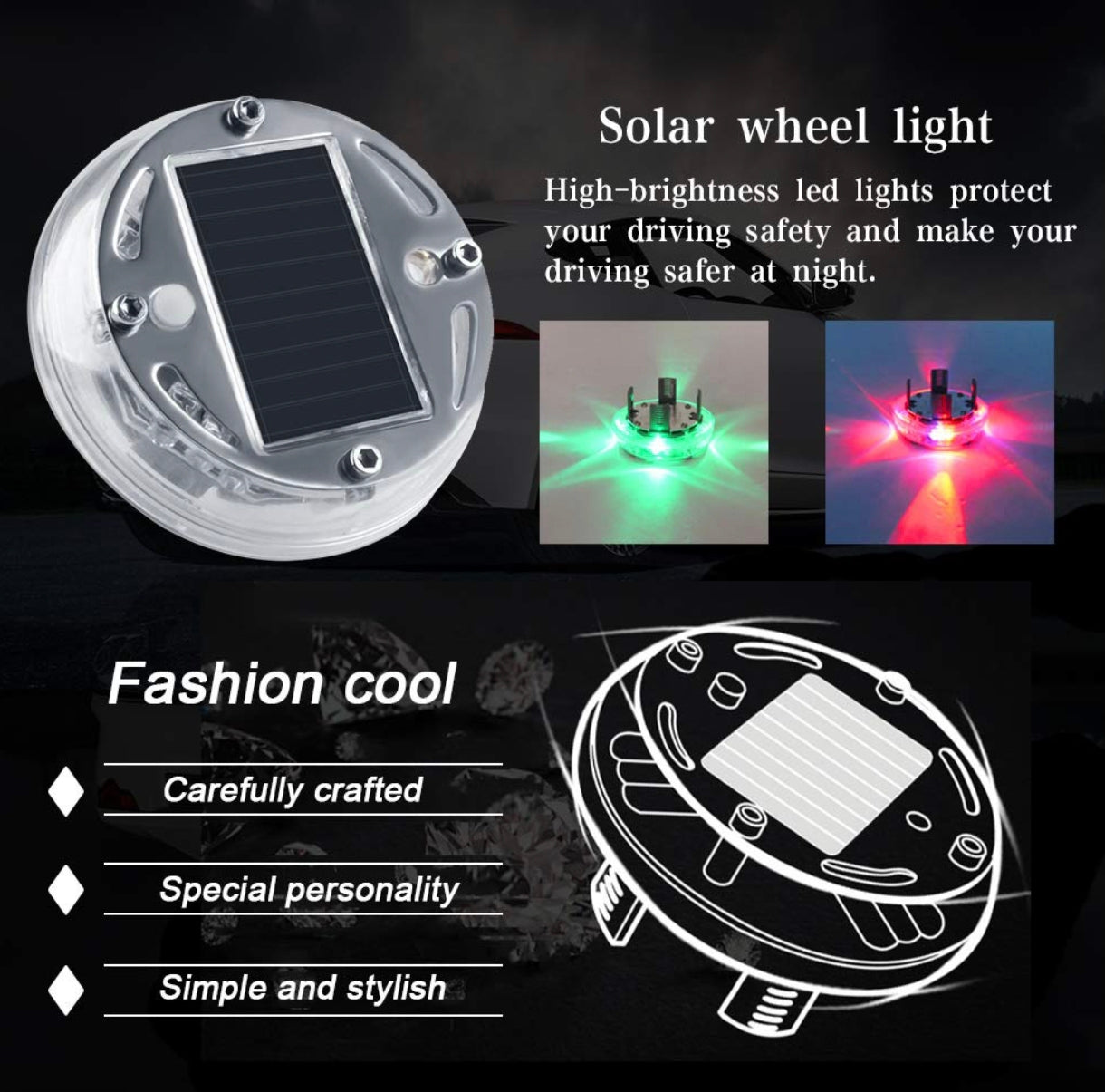 Solar Car Wheel Hub Fancy Light - Motion Sensor, Waterproof, Colorful