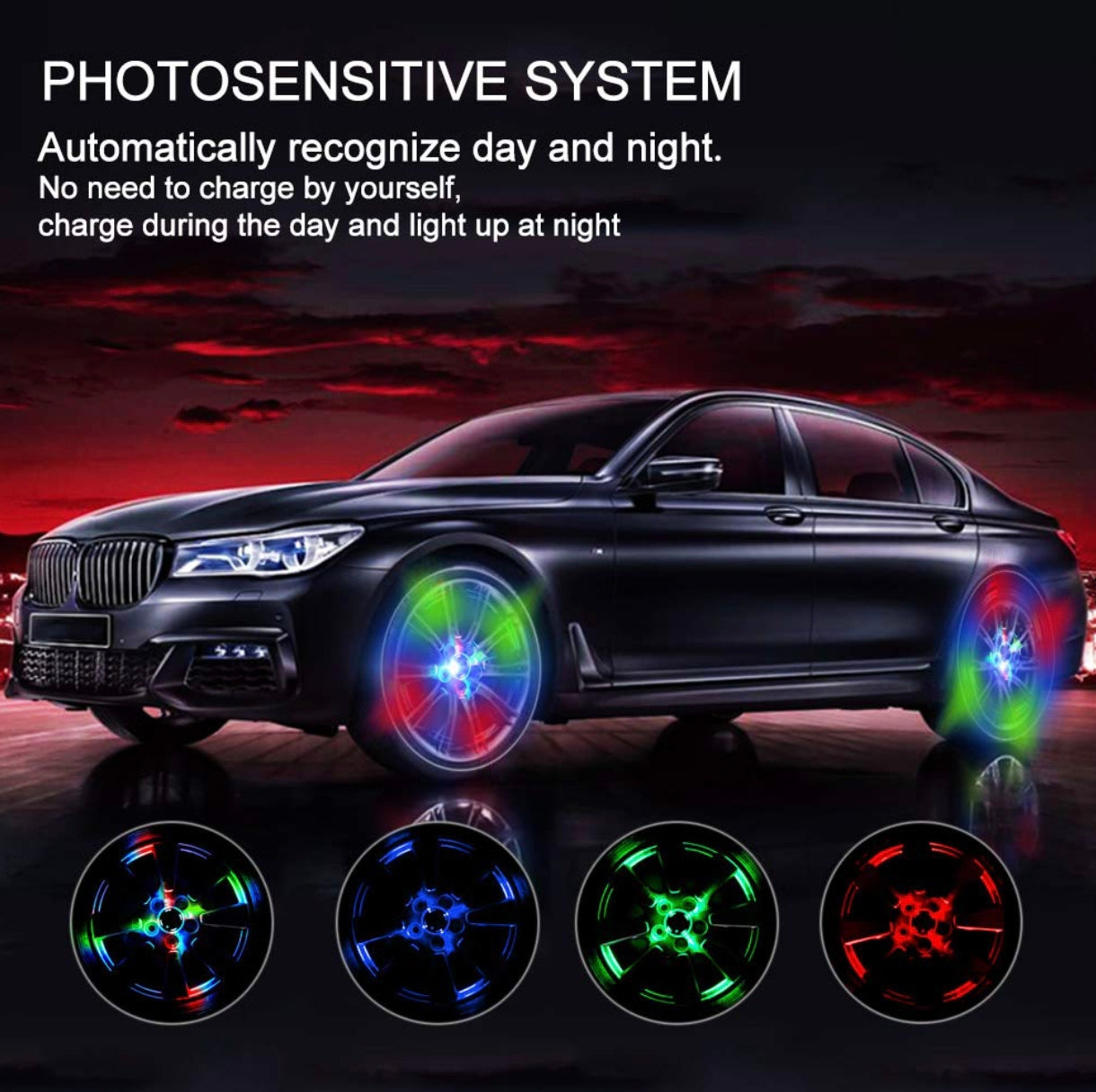 Solar Car Wheel Hub Fancy Light - Motion Sensor, Waterproof, Colorful